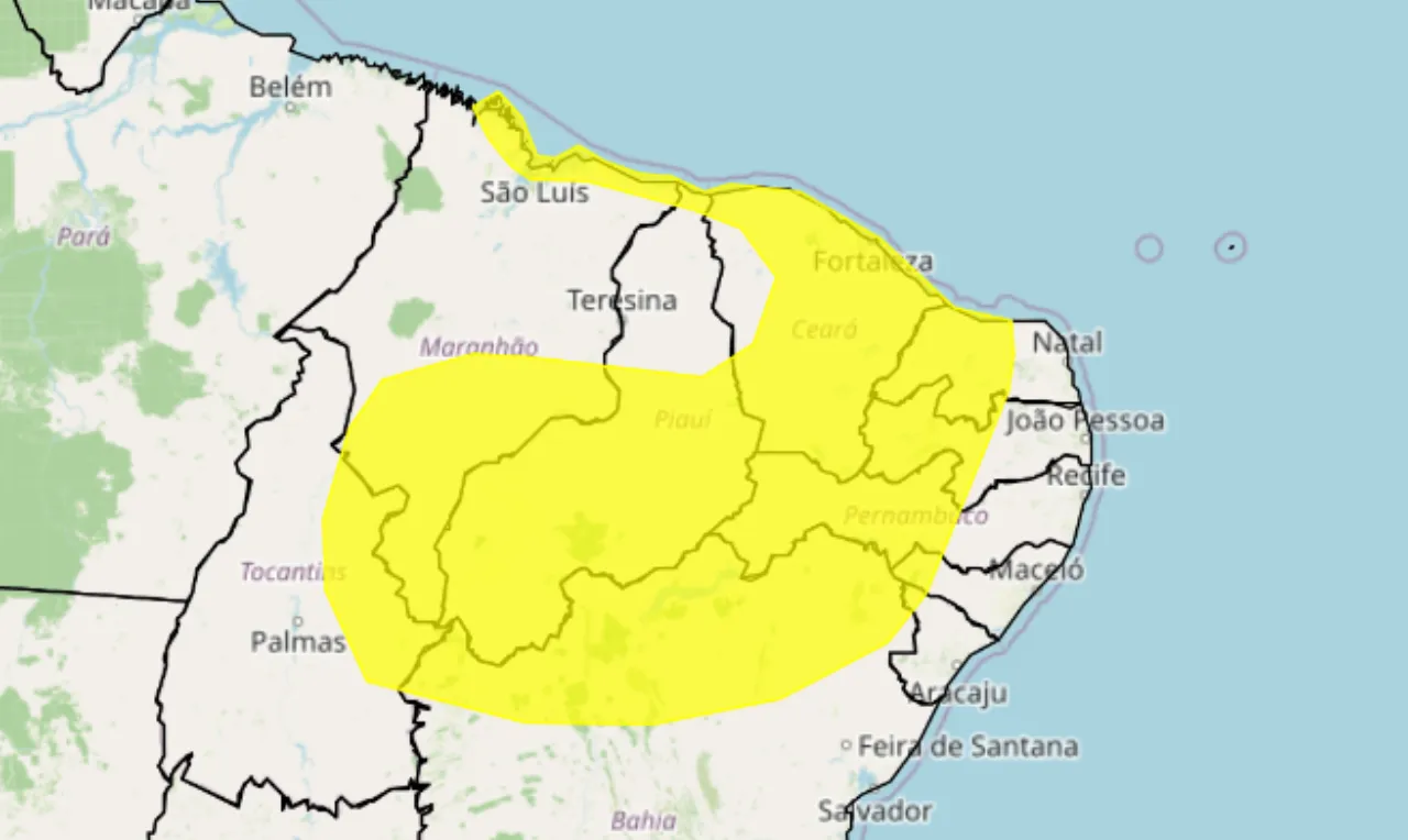 A imagem mostra areas do nordeste e norte do pa&iacute;s em alerta para vendaval